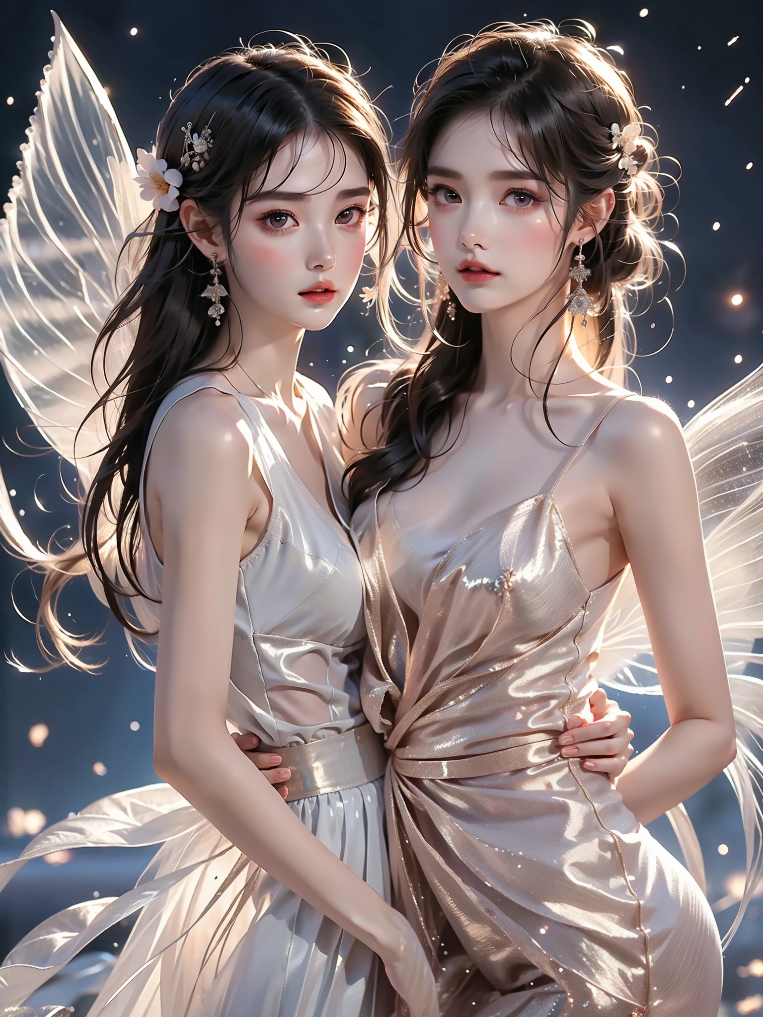 dress,wings,fairy,, (Asian beauty, full body photo: 1.2), (night, starry sky, space scene), (slim athletic figure: 1.1), (visible cleavage: 0.8), (smooth skin, no deformities: 1.2), relaxed posture, Sexy long legs, The hemlines are short, head tilted, charming smile, hands gently lifted hemline, long shaggy hair flowing, delicate features: (large bright eyes, long eyelashes: 1.1), mouth slightly upturned, expression gentle and confident, (fidelity: 1.1) 1.2), high detail, soft lighting, warm tones