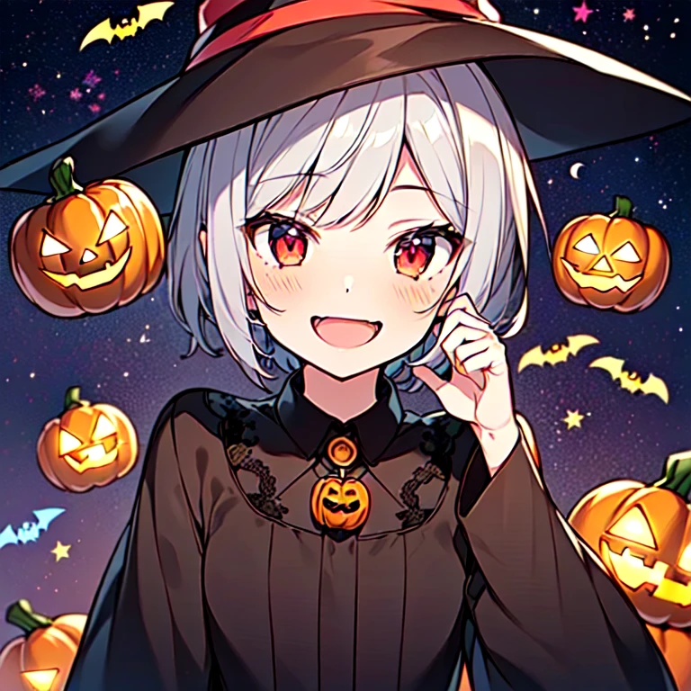  1 girl、avatar style、Cat ear girl、( little character :1.5)，(( Silver hair short cut ，Red eyes， cute ))、(((Halloween)))，Crescent Moon ，Pretty rainbow ，shooting star background ，whole body， best quality， show anime style ，(((A costume with a witch hat on the head， joyful face， Jack O Lantern is glowing ， multiple bats are flying   )))