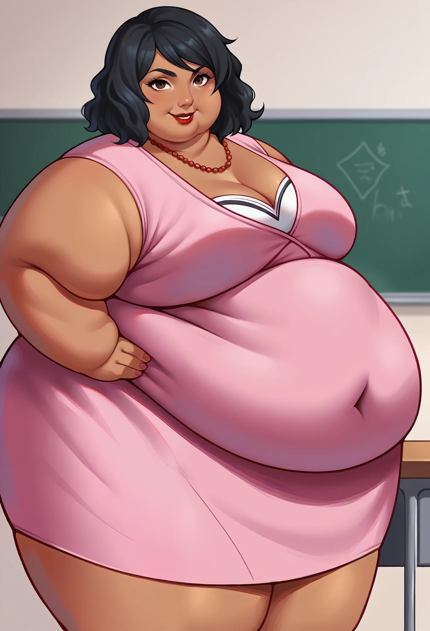 score_9, score_8_up, score_7_up, source_anime BREAK 1girl, solo,  chounop5, black hair, medium hair, brown eyes, pink dress, necklace, dark skin, lipstick, classroom, smile, looking at viewer, fat, chubby, obese