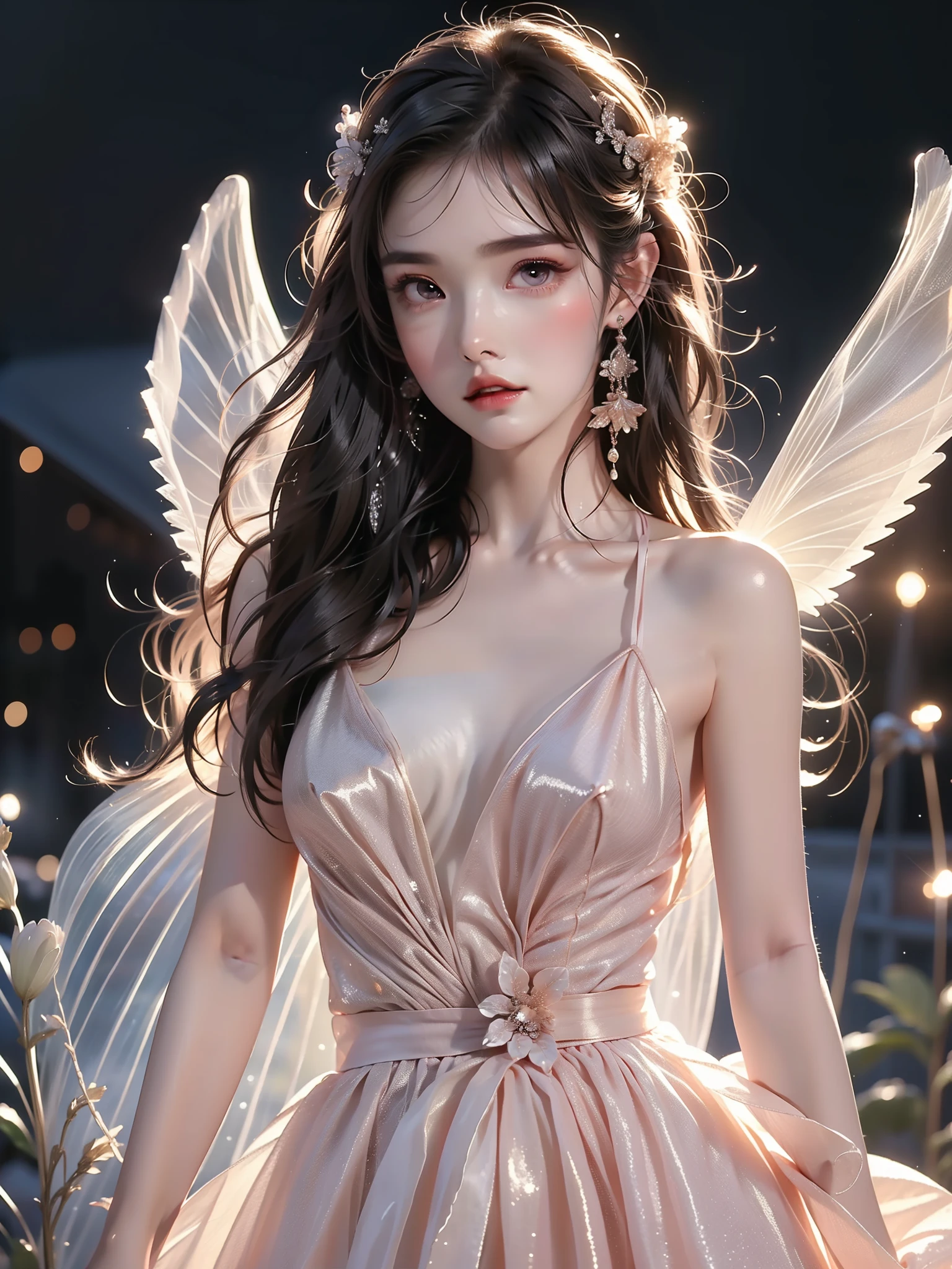 dress,wings,fairy,, (Asian beauty, full body photo: 1.2), (night, starry sky, space scene), (slim athletic figure: 1.1), (visible cleavage: 0.8), (smooth skin, no deformities: 1.2), relaxed posture, Sexy long legs, The hemlines are short, head tilted, charming smile, hands gently lifted hemline, long shaggy hair flowing, delicate features: (large bright eyes, long eyelashes: 1.1), mouth slightly upturned, expression gentle and confident, (fidelity: 1.1) 1.2), high detail, soft lighting, warm tones