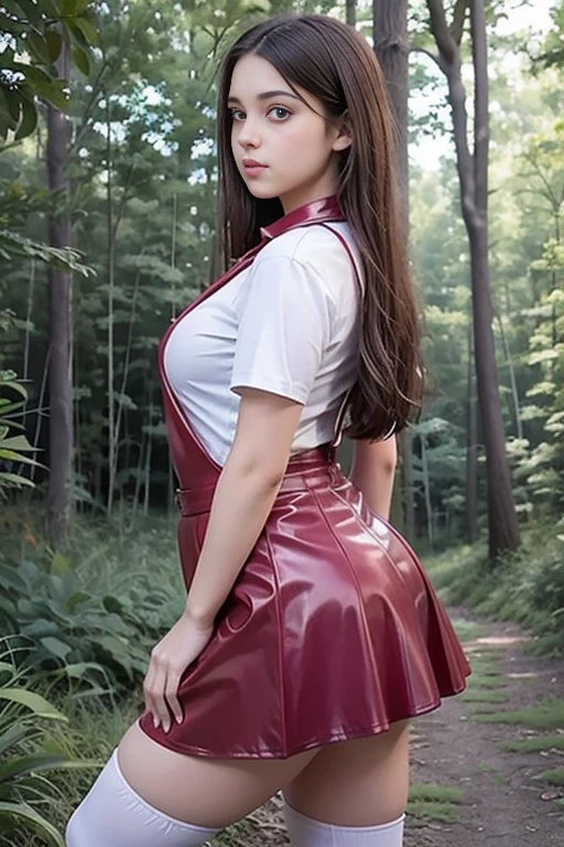   Side angle on Cute teen beautiful curvy schoolgirl ,  beautiful cute teen face , red leather skater pinafore  ,  silk red tie, transparent white blouse with short sleeves , brunette long hair,  beautiful eyes. stockings,  Sneakers,  schoolgirl - standing in the woods ,   photorealistic, skater dress, leather skater pinafore, sad face, full length figure