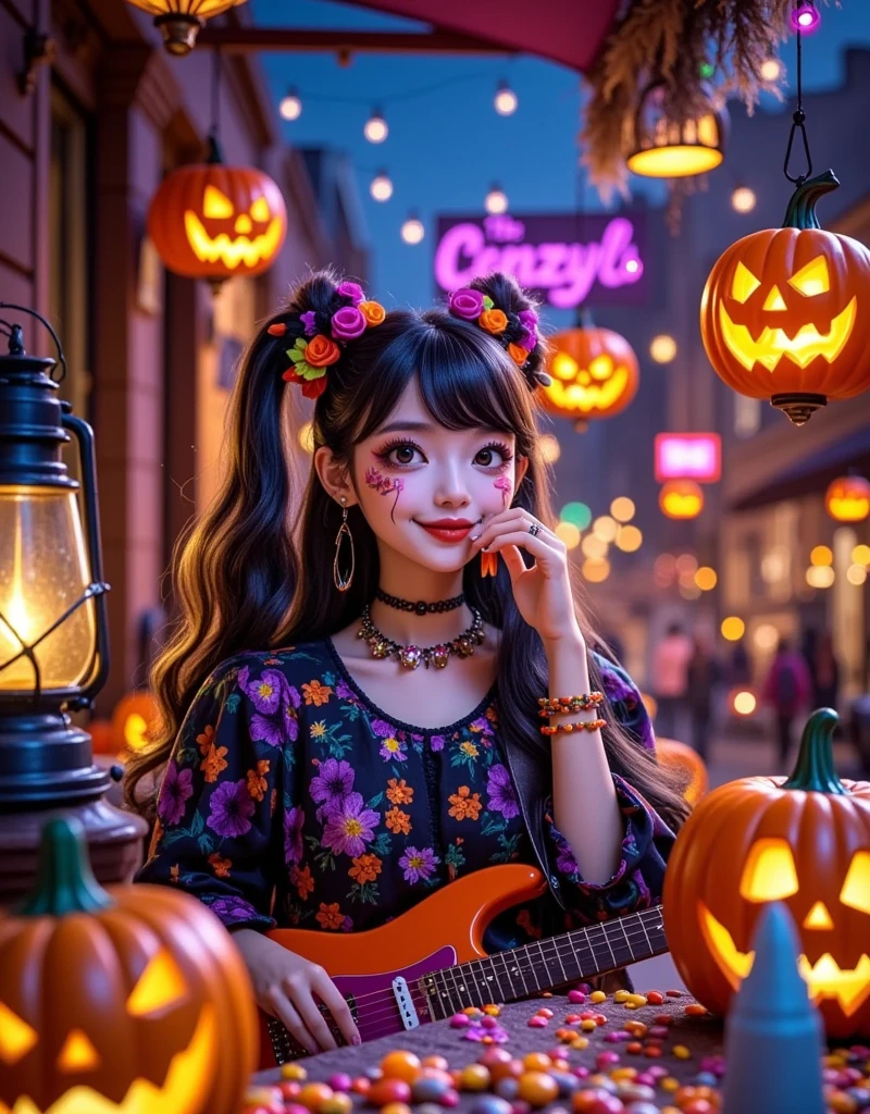 A young girl with an electric guitar,sitting in a cafe drinking coffee on a Halloween night filled with hazy light. The streets are vibrant,and the surroundings exhibit a 3D game art style. The entire scene is imbued with a dreamlike atmosphere. Cartoonish style. Background features bold "Halloween" neon lights,character illumination. Fairy tale romance,starry sky shimmering. High quality,ultra-detailed,vivid colors,magical,enchanting,Q version style.