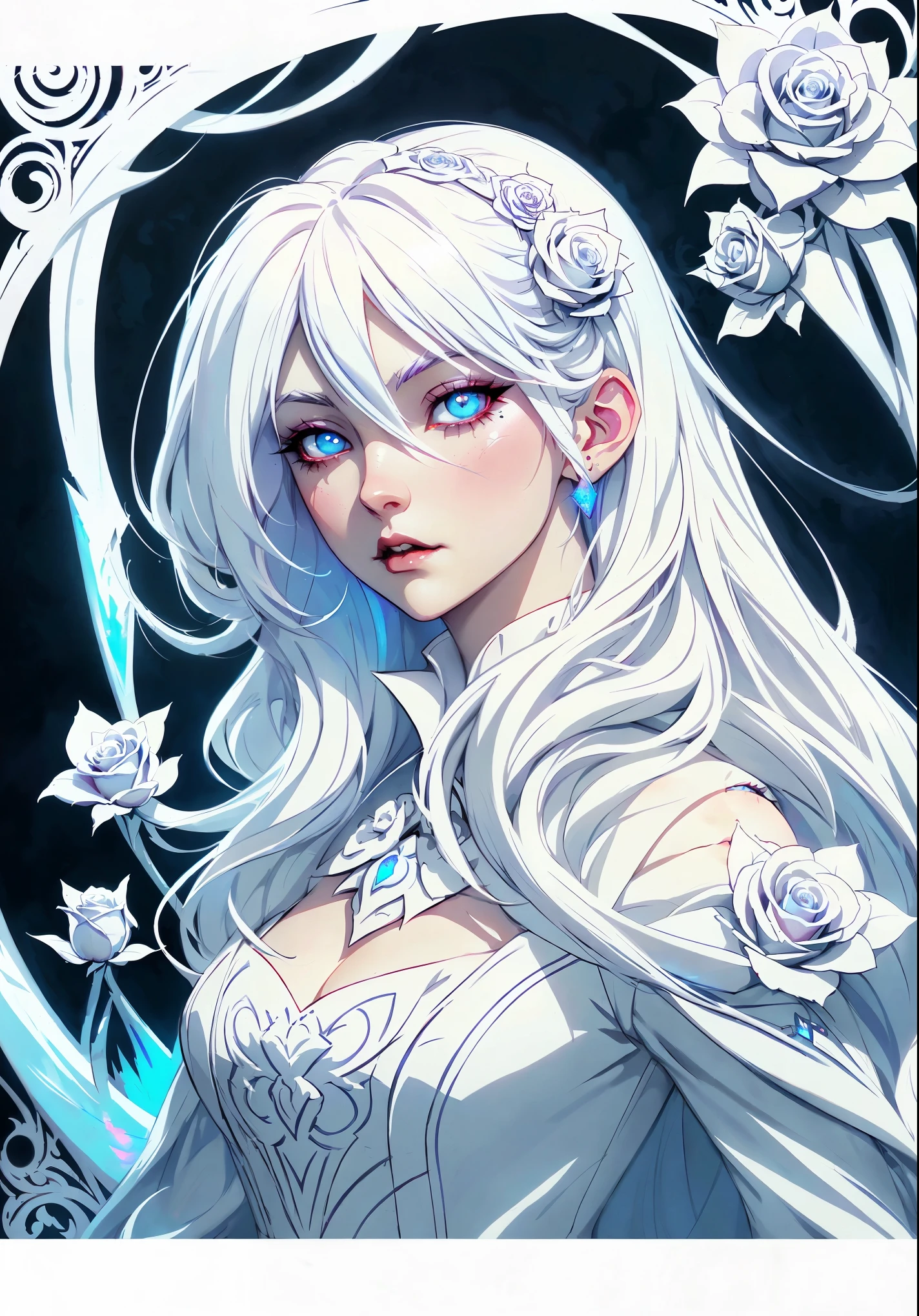 anime Vampire girl, long white hair, gothic style, white roses in hair,light white eyelashes ,glowing opal blue eyes, digital illustration, comic style, gothic renaissance, perfect anatomy, centered, approaching perfection, dynamic, highly detailed, watercolor painting, artstation, concept art, smooth, sharp focus, illustration, art by wlop and ross tran ,