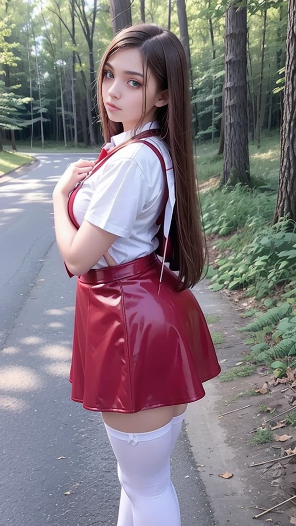   Side angle on Cute teen beautiful curvy schoolgirl ,  beautiful cute teen face , red leather skater pinafore  ,  silk red tie, transparent white blouse with short sleeves , brunette long hair,  beautiful eyes. stockings,  Sneakers,  schoolgirl - standing in the woods ,   photorealistic, skater dress, leather skater pinafore, sad face, full length figure