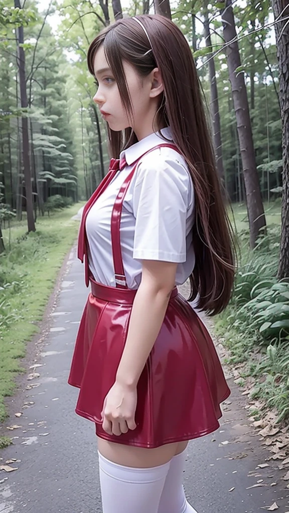   Side angle on Cute teen beautiful  schoolgirl ,  beautiful cute teen face , red leather skater pinafore  ,  silk red tie, transparent white blouse with short sleeves , brunette long hair,  beautiful eyes. stockings,  Sneakers,  schoolgirl - standing in the woods ,   Beautiful curvy figure, photorealistic, skater dress, leather skater pinafore, sad face, full length figure