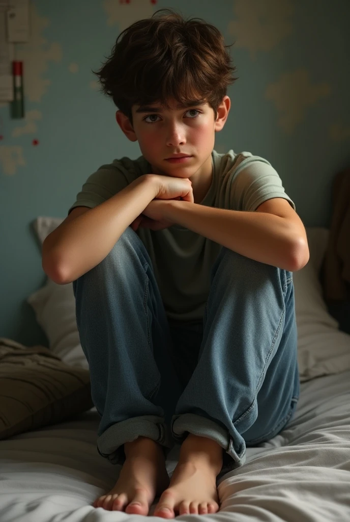 A boy sits in a room and looks out the window, outside the window there is a beautiful modern European street, it is raining outside the window, It's night outside the window, night street outside the window, мальчик одет в Short top и черные короткие шорты, boy barefoot, Boy 10 - 12 years oldrts, boy in short black shorts looking out the window, Short top, crop top, мальчик в crop topе, It's night outside the window, night ambience