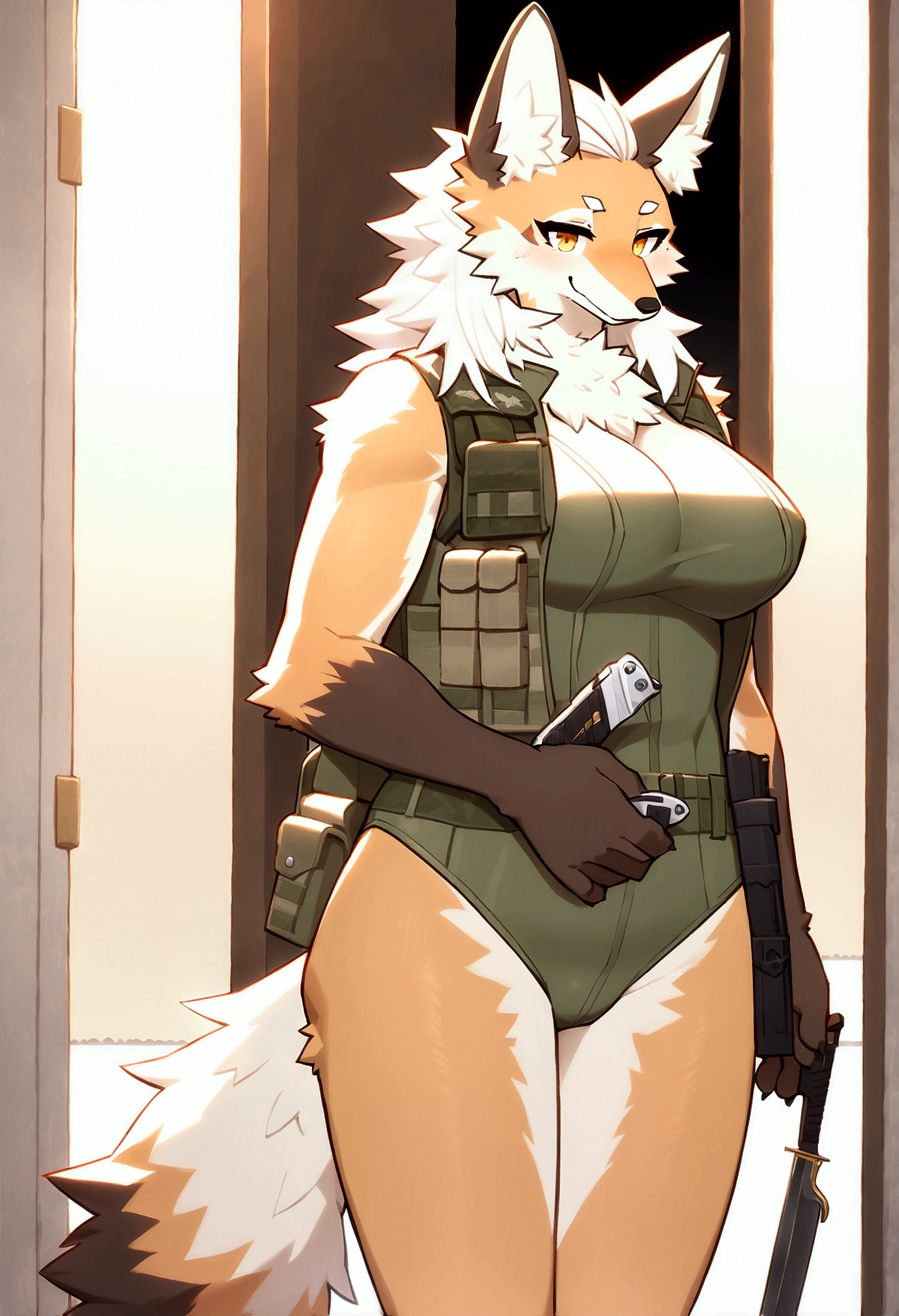 furry, (by notglacier), futa, futanari, solo, young, young face, muscular, breasts, abs, small waist, tall, white arctic wolf, wolf tail, white fur, ponytail white hair, nude, talking, speaking, black mouth, big blue eyes, hard nipples, erect white penis with foreskin, erection, white foreskin, leaking precum, robot, (broken neck:1.2, damaged chest:1.2, cracked belly:1.2), detailed synthetic parts, detailed synthetic components, in a factory, factory interior background, holster, gun, handgun, holding gun, carrying gun, aiming gun, angry, angry expression, looking around, looking away, full body, full body portraits, full body shot