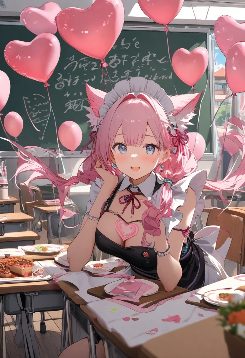 background,classroom,Cultural Festival,Maid Cafe,lots of pink and white heart balloons, blackboard