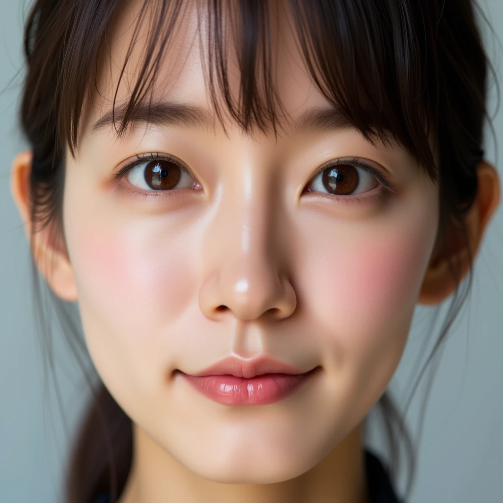 An ultra-realistic, highly detailed photo of a east-asian woman with a gentle and soft expression. The focus is on her face, capturing every pore and the texture of her ultra-real skin.