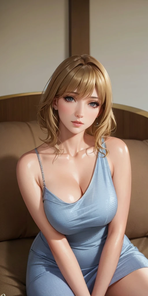 Elegant mature female, blonde hair, elegant hairstyle, swept bangs, soft light, high detailed, 4k resolution, high quality, beautiful cg, 