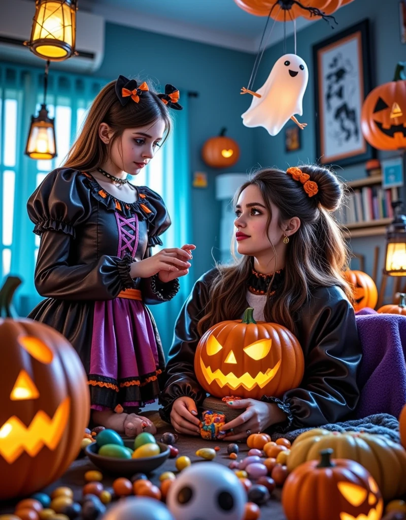 A girl in Halloween costume examining a patient in a hospital ward,soft lighting filtering through the windows. A cute ghost floating in the air,rich details,full of vitality