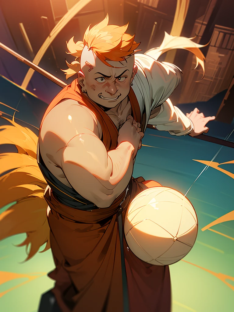 digital artwork, illustrative, tite kubo (/style/), anime, solo, (((hitting someone with quarterstaff))), (((holding quarterstaff with both hands))), (((jumping))), (((quarterstaff with small spherical tip))), detailed face, (((aged face))), pockmarks, snub nose, (((ugly face))), (((masculine))), monk attire, wide grin, upturned nose, highly detailed, detailed face, FFCorneo, heavy build, fat, horny, orange hair, (((clean shaven))),