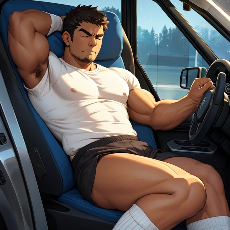 ((Truck driverの45歳の紳士的な男))((Truck driver))）Lower body is sexy underwear、（((White tank top on the upper body))）Hairy、(((Emphasis on the crotch)))、((He spreads his legs and touches his crotch))((Posing))((sitting in the driver&#39;s seat of a truck))((Short Hair))（((Muscular)))(((buzzcut)))((Buzz Cut))(good looking))，（Detailed eyes：1.3），Eyes are black，Esbian all over，