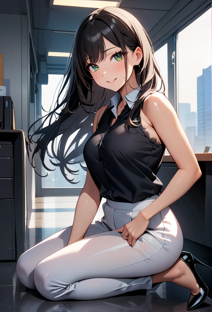 best quality, Looks like a whole body，sophisticated facial features，cute face，25 year old female，slim body shape，OL uniform，office wear，black stockings with holes，outdoor scene，sitting pose，yellow long hair、eyes are heart、big breasts、sexy、Transparent、wet、white liquid on body、（Estrus）、Ahegao、