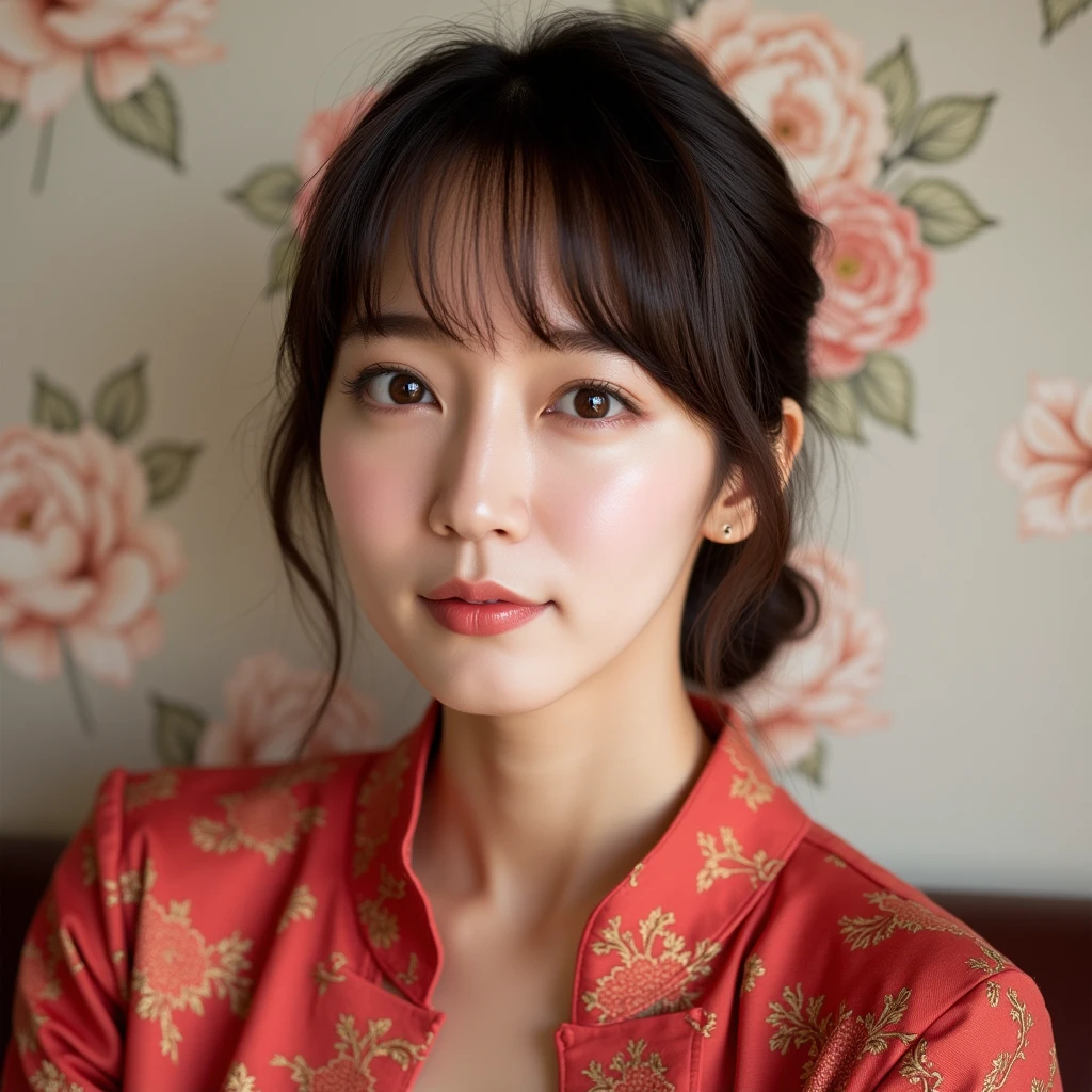 A photorealistic portrait of a young east-asian actress with soft, natural lighting. The woman has a sophisticated yet relaxed look, with her hair styled in a neat updo, loose curls framing her face, and subtle bangs. She wears a red patterned traditional jacket with intricate details, adding a cultural and refined touch. Her skin is flawless, with a natural, dewy glow. She has soft, light makeup with a hint of blush on her cheeks and a gentle expression, slightly serious but calm. The background is an elegant, muted floral pattern with soft, pastel colors, creating a warm and cozy atmosphere. The overall composition feels balanced, subdued, and refined