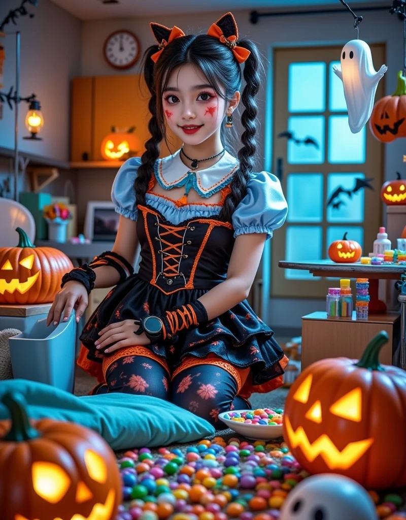 (long shot), (panorama), wide angle lens, A girl in Halloween costume examining a patient in a hospital ward,soft lighting filtering through the windows. A cute ghost floating in the air,rich details,full of vitality