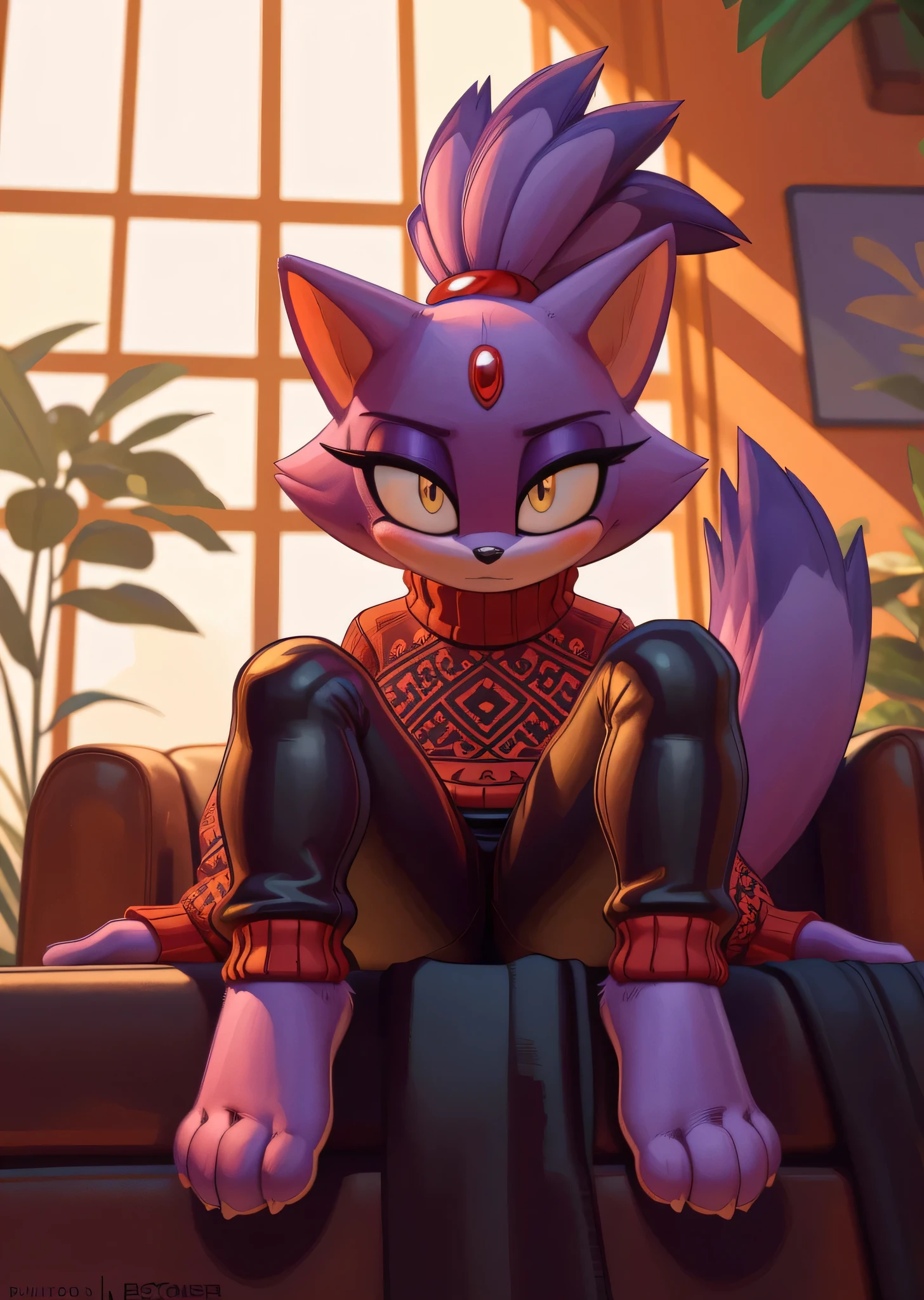 [Blaze the cat], [Uploaded to e621.net; (Pixelsketcher), (wamudraws)], ((masterpiece)), ((HD)), ((High res)), ((solo portrait)), ((front view)), ((low angle view)), ((feet visible)), ((detailed fur)), ((detailed shading)), ((cel shading)), ((beautiful render art)), ((intricate details)), {anthro, purple fur, black nose, cat ears, (cute yellow eyes), (red gem on forehead), long tail, (tied-up hair), (curvy hips), (beautiful legs), (defined feet), (cute paws), (blushing), (awkward expression)}, {(red turtleneck sweater), (tight yoga pants)}, {(sitting on couch), (looking at viewer)}, [ambient lighting, living room, sun rays]