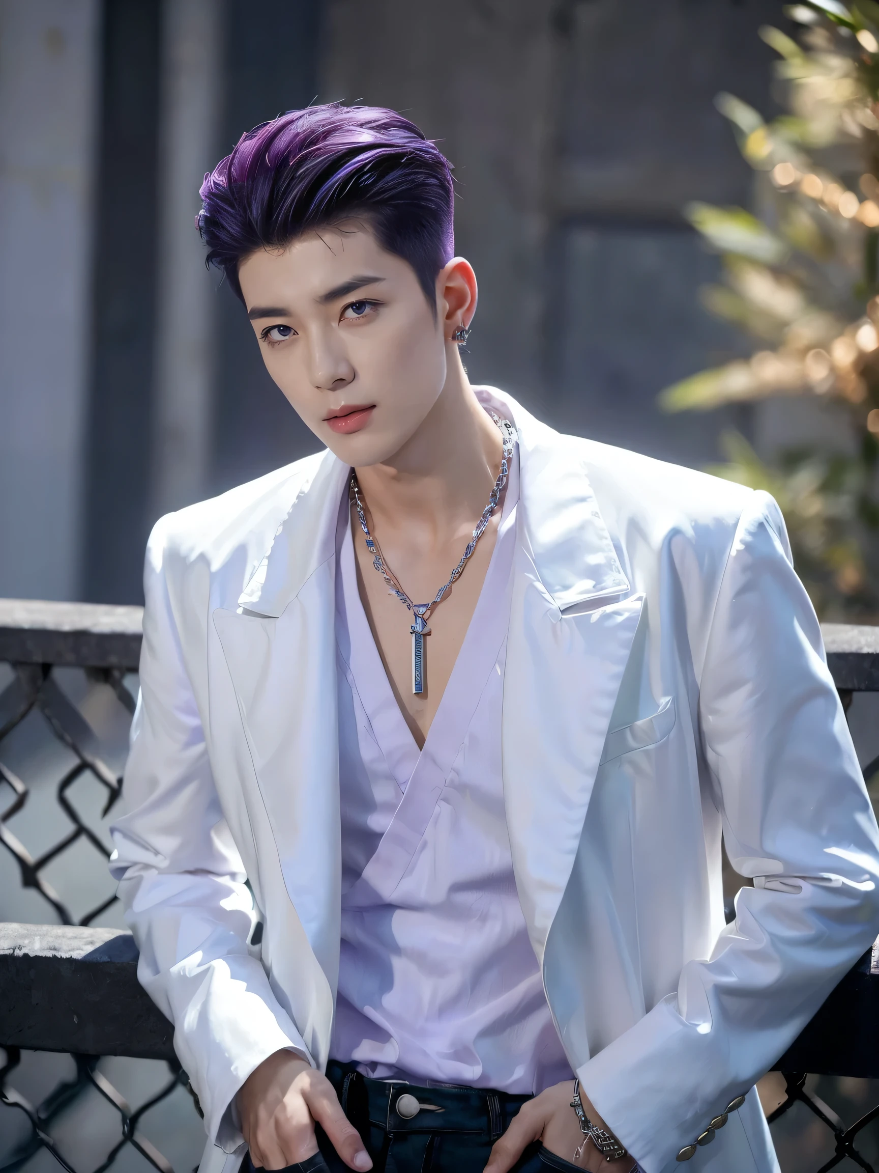 photography, masterpiece, best quality, 8k, HDR, highres, absurdres:1.2, Kodak Portra 400 , film grain, blurry background, bokeh:1.2, lens flare, (vibrant color:1.2),((Real pictures, very real, 8k, realistic photos, no different from reality)), he has short purple hair.(((Pompadour))),(((light purple hair))).(((light purple hair))).(((light purple hair))).(((light purple hair))).(((Stroked back))),(((slicked-back hair))).(((Stroked back))),(((slicked-back hair))).(((Stroked back))),(((slicked-back hair))).(((Stroked back))),(((slicked-back hair))).(((Pompadour))),(((Pompadour))),(((Pompadour))).(((Pompadour))),(((Pompadour))),(((Pompadour))),(((Pompadour))),(((Pompadour))),(((Pompadour))),.(((Stroked back))),(((slicked-back hair))).(((Stroked back))),(((slicked-back hair))).(((Stroked back))),(((slicked-back hair))).(((Stroked back))),(((slicked-back hair))).(((Pompadour))),(((Pompadour))),(((Pompadour))).(((Pompadour))),(((Pompadour))),(((Pompadour))),(((Pompadour))),(((Pompadour))),(((Pompadour))),(((Stroked back))),(((slicked-back hair))), Mostly messy, It gives off a slightly casual vibe., But it looks stylish. His grey eyes are always filled with confidence and hidden depth.., As if I was watching more, What did he say???. Suho is dressed for a date, Suho may choose to wear formal attire.., A thin chain in the shape of a pendant around the neck adds elegance., This look is elegant, But at the same time, there is a gloomy atmosphere., highlight his inner strength. Classic and simple look..., Black ripped jeans with chain. Accessory: Thick chain....., Leather and metal bracelet. ((Relaxed pose)) ((Put your hands in your pockets)) ((Cruel Pose)) ((male appearance)) ((male appearance)) ((Earrings)) (( Eye details)) , (((Height 180 cm,tall man))),Everyday photography、((Shot alone))、((Upper body photography)),(((On the bridge of modern Kabukicho))),casual wear, handsome dress ,Wear smart dress , conservative dress , fashion trend clothing, K-pop fashion clothing ,(((half body to knees shot)))
