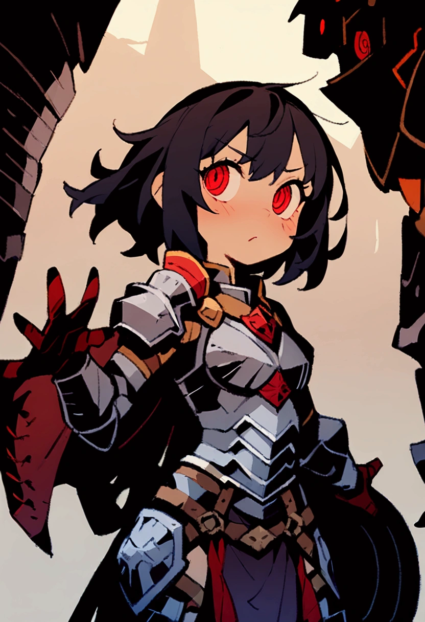 超 Details、 best quality、masterpiece、 cartoon style、 Details、 best quality、masterpiece、a girl、spiral eyes、Black Hair、Red eyes、armor、Cape、Heavy Armor、shield