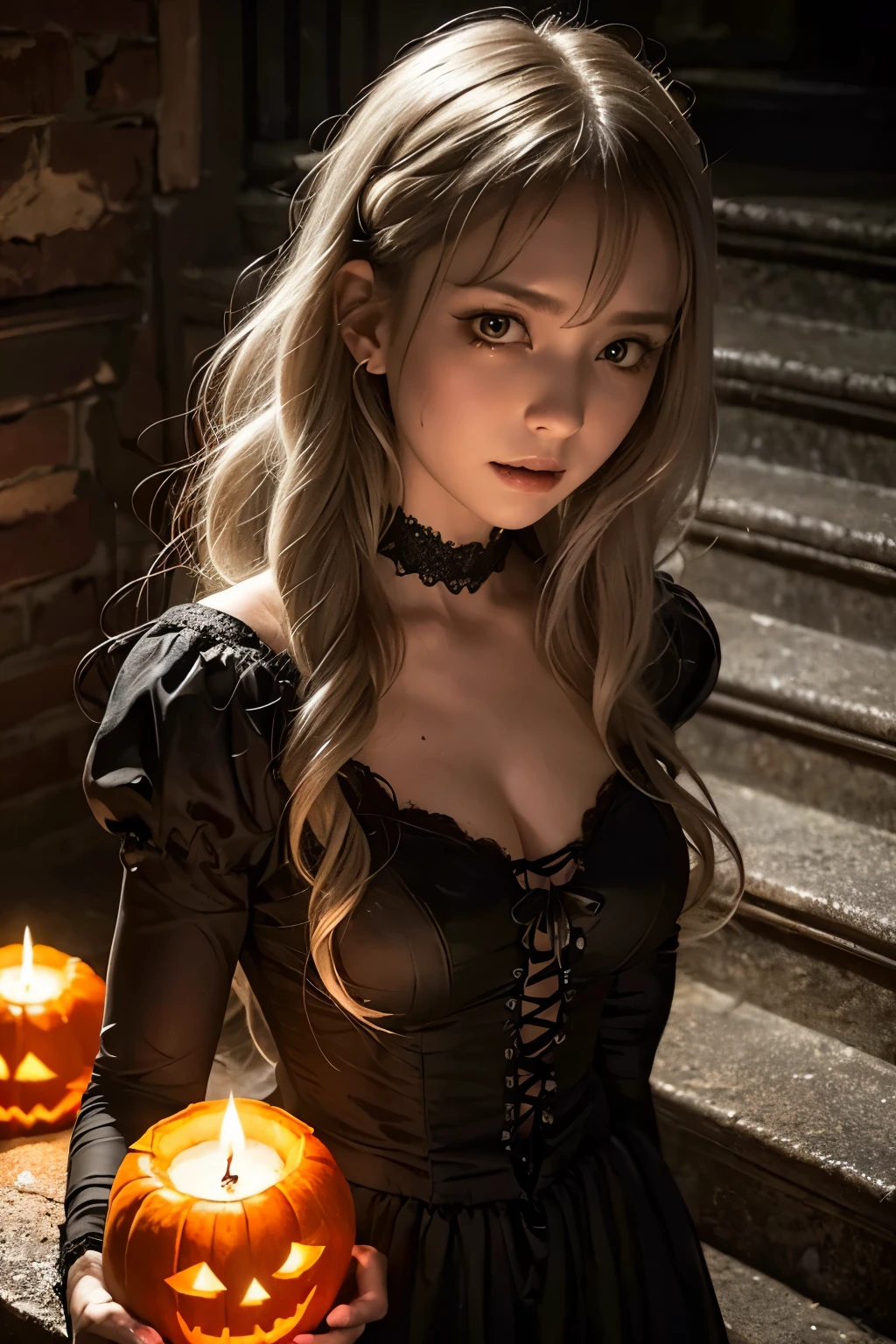 High resolution, super detailed, (realistic, photorealistic), (masterpiece), beautiful woman in dark medieval European dress, (very delicate small smile), dark silver-grey medium length hair with loose curls, (small inconspicuous breasts), painterly portrait, close-up, (stone stairs leading to a dark basement in an old stone building in medieval Europe), ((scary Halloween night)), (jack-o-lantern pumpkin), small candle light, bats flying around, scary ghost horror atmosphere, atmospheric perspective, soft focus, big dark shadows, fantastic beauty, gloomy dark world, (gothic horror), dripping blood, shadow art,