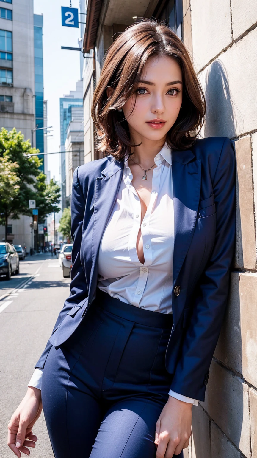 Cinematic lighting,super detailed skin、Beautiful detailed eyes、Best Quality,cyberpunked,(Hutsune Miku characters),(Alternative、dim colors, Soothing tones、Perfect Anatomy:1.3),(1beautiful woman、Detailed beautiful facial features:1.3)（black hair shorthair、well-shaped breasts、BREAK.White Shirt Tops、Black Satin Suit Slacks、(purple fur down jacket),BREAK.,A dark-haired、hands in the pocket、arms in arms、Near city station jpn, Colossal tits