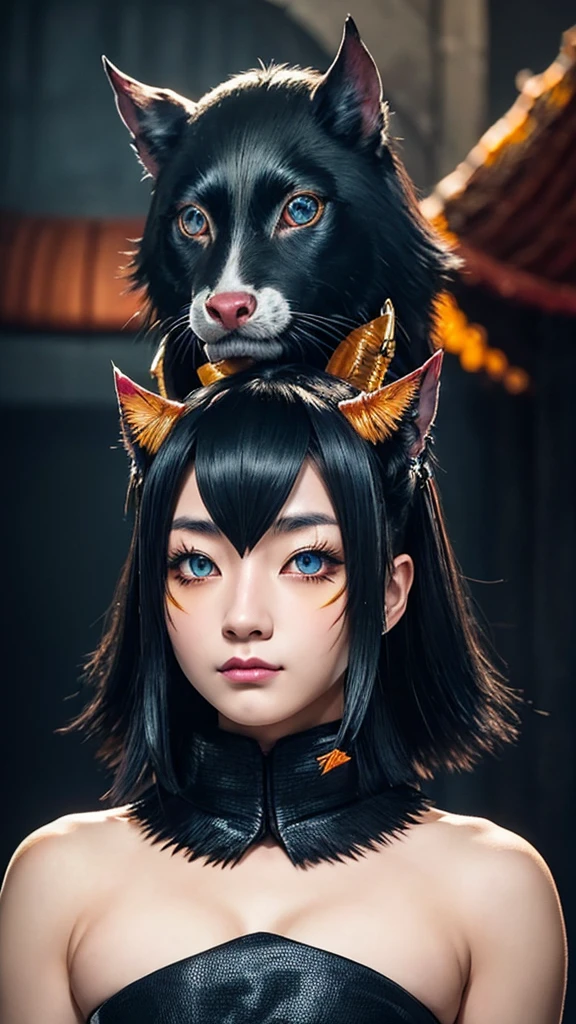 A detailed realistic portrait of inosuke from Demon Slayer, with beautiful black blue hair, intense amber eyes, sharp facial features, elegant clothing, dynamic pose, Ukiyo-e style background, vibrant colors, cinematic lighting, photorealistic, masterpiece
inosuke
