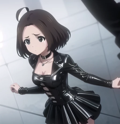 Ricamakiba ,  colleague savings ,  Short Hair ,  brown hair, a gift, (black eyes:1.5), ahoge, hair a gift,
BREAK latex,  up to thighs  , long sleeves,  black latex dress , seraph, necklace, black  up to thighs  ,  black latex skirt , collar, zettai 료iki, black seraph, shoes heels,
BREAK indoors, Class,
BREAK looking at viewer, ( cowboy shot:1.5),
BREAK (masterpiece:1.2),  Best quality ,   High definition, обои unity 8k, ( illustration:0.8), (  Beautiful detailed eyes  :1.6),  extremely detailed face,  perfect lighting ,  extremely detailed CG , (perfect hands, Perfect Anatomy), full height whole body ,   sexy lying position , full footage camera from above, long slender legs,