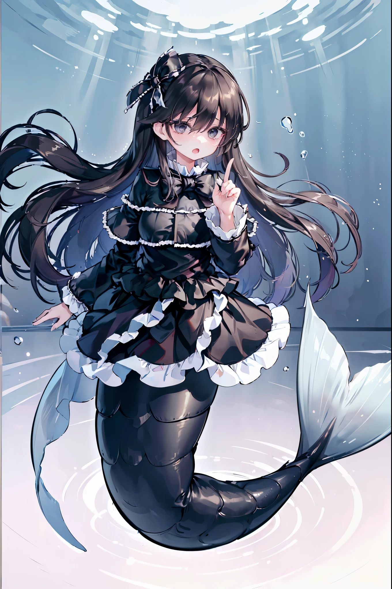 (masterpiece,  is the best quality),(Full fingers),Mermaid,A girl, big breasts , hair between eyes, Very long hair ,black eyes,Hairpin,Dark hair, Black Swimsuit , black skirt , blue bow , alone,黑色的Mermaid尾巴,Full body photo,(Underwater:1.2),Open your mouth