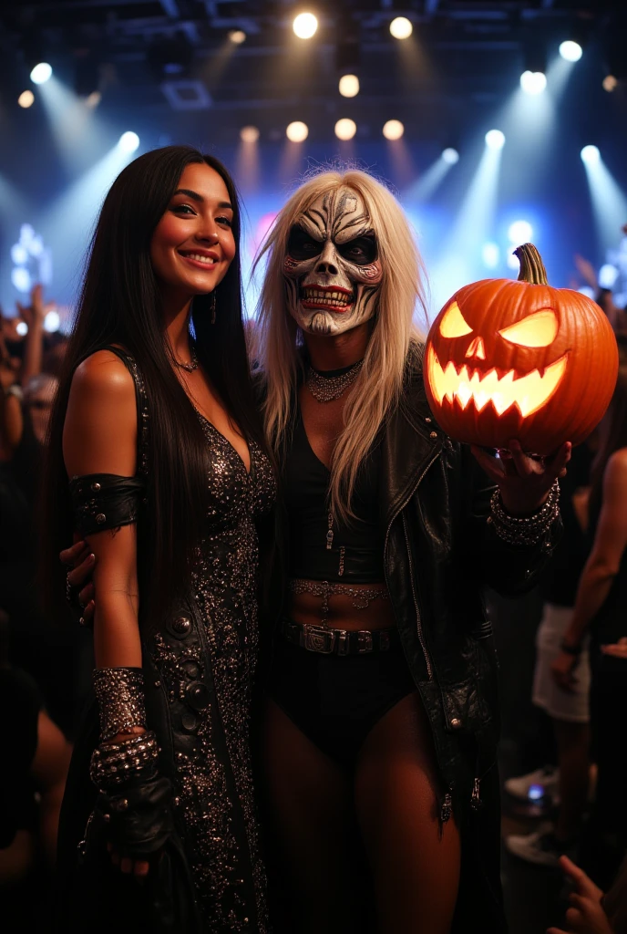 A cinematic panavision style photo of a white rocker woman with long black hair and a long leather intricate dress with gold buttoms, and a biker leather lacket over the dress, friendly smile posing for a selfie with Eddie the mascot of the band Iron Maiden, ((Eddie the maskot from Iron Maiden)), Dark stage background with lots a partying people, bokeh, she is holding a lit Jack-o lantern,