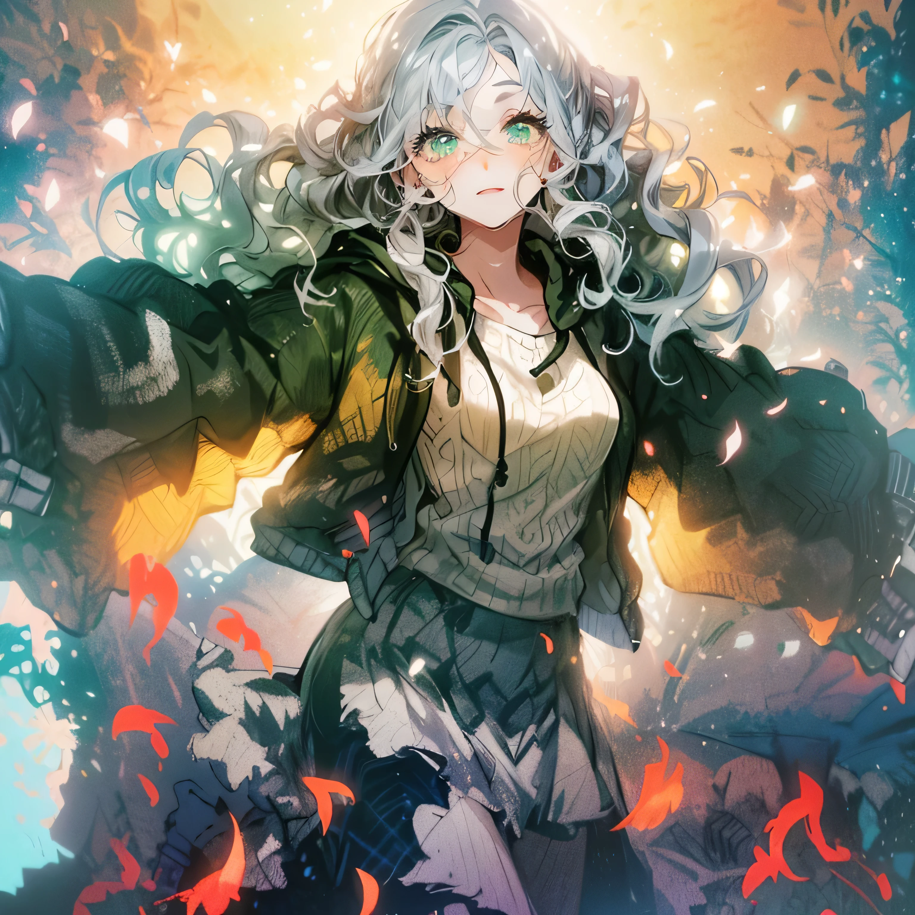 (masterpiece, best quality:1.2), 1 girl, Alone,A high-resolution close-up of an excited age girl with wavy silver hair and vibrant green eyes, wearing a stylish hoodie. She spreads her arms joyfully against a softly illuminated background, embodying kawaii elegance in vivid anime style.