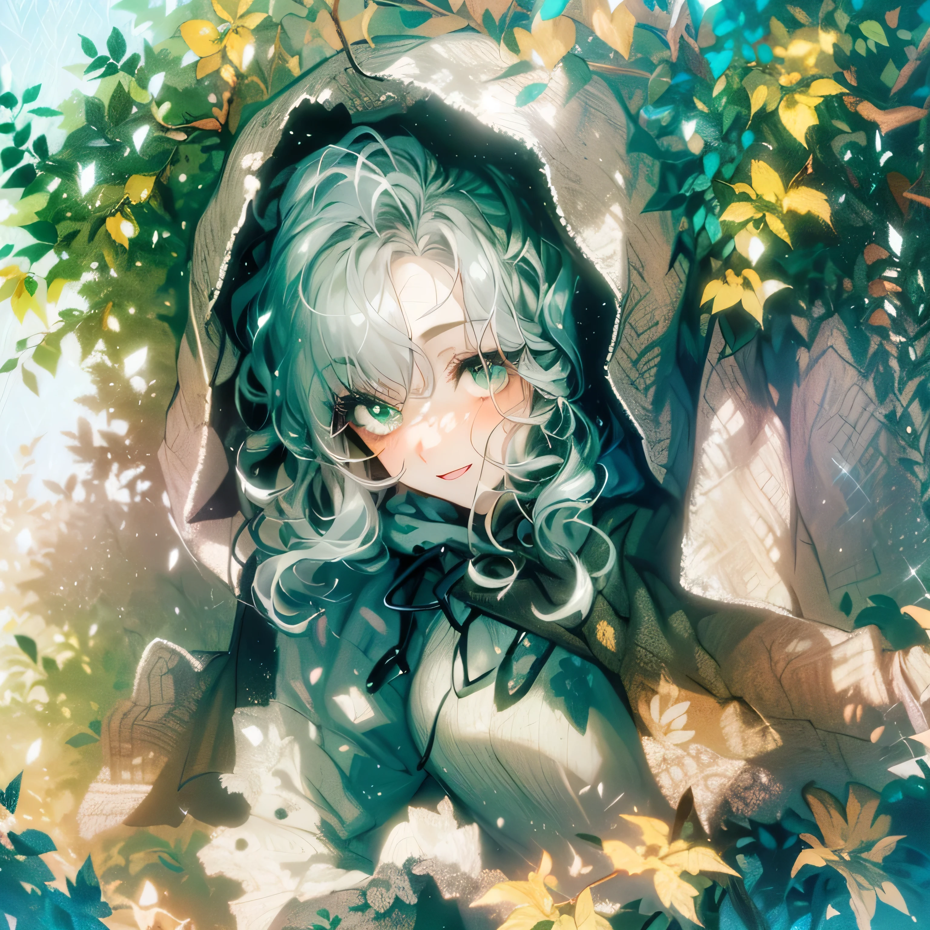 (masterpiece, best quality:1.2), 1 girl, Alone,A high-resolution close-up of an excited teenage girl with wavy silver hair and vibrant green eyes, wearing a stylish hoodie. She spreads her arms joyfully against a softly illuminated background, embodying kawaii elegance in vivid anime style.