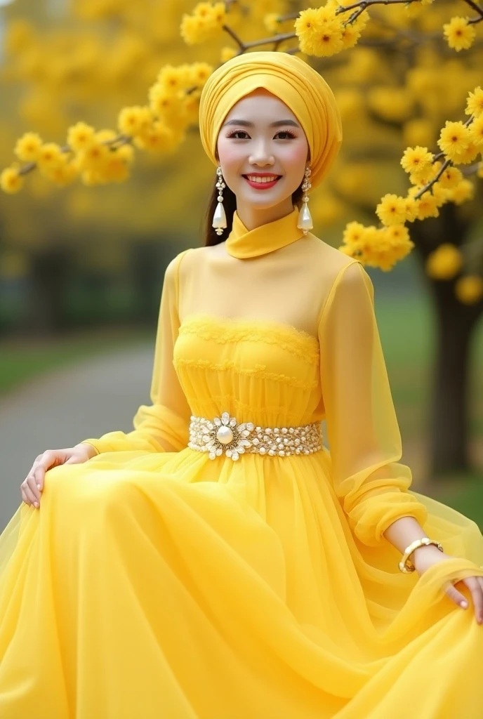best quality, masterpiece, photorealistic, realistic, 1girl, hijab, beautiful face, extremely detailed face, (yellow long dress:1.2, long sleeves), robe, white gloves, hair ornament, tiara, flower field evening, character focus, light smile, standing, dynamic lighting, cowboy shot