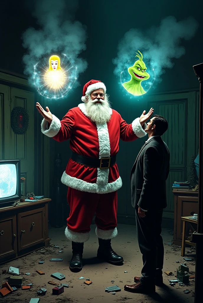 photo, RAW, 8k uhd, hdr, night, green glow, an alien exits a flying saucer and gives a terrified man a wrapped Christmas present