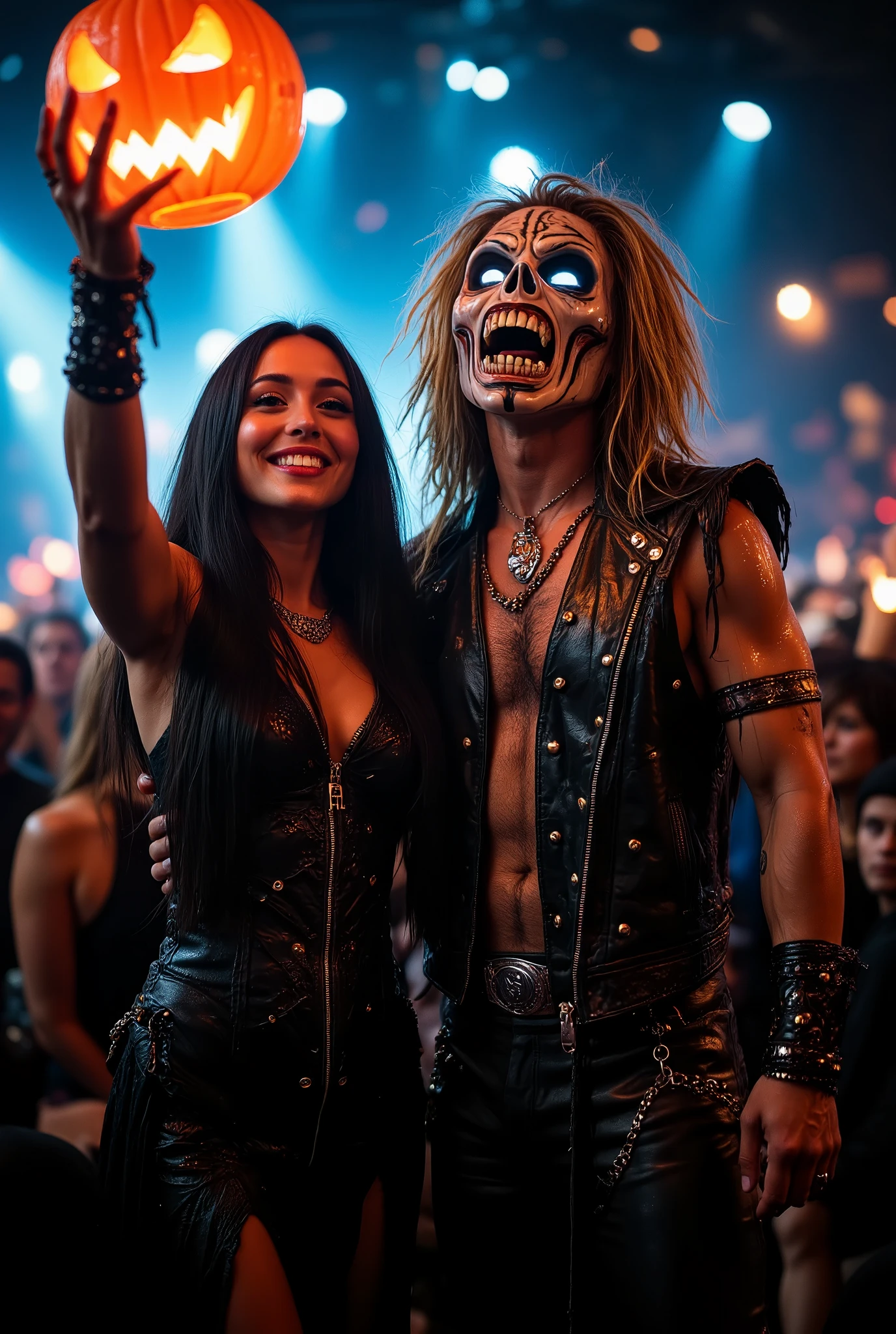 A cinematic panavision style photo of a white rocker woman with long black hair and a long leather intricate dress with gold buttoms, and a biker leather lacket over the dress, friendly smile posing for a selfie with Eddie the mascot of the band Iron Maiden, ((Eddie the maskot from Iron Maiden)), Dark stage background with lots a partying people, bokeh, she is holding a lit Jack-o lantern,