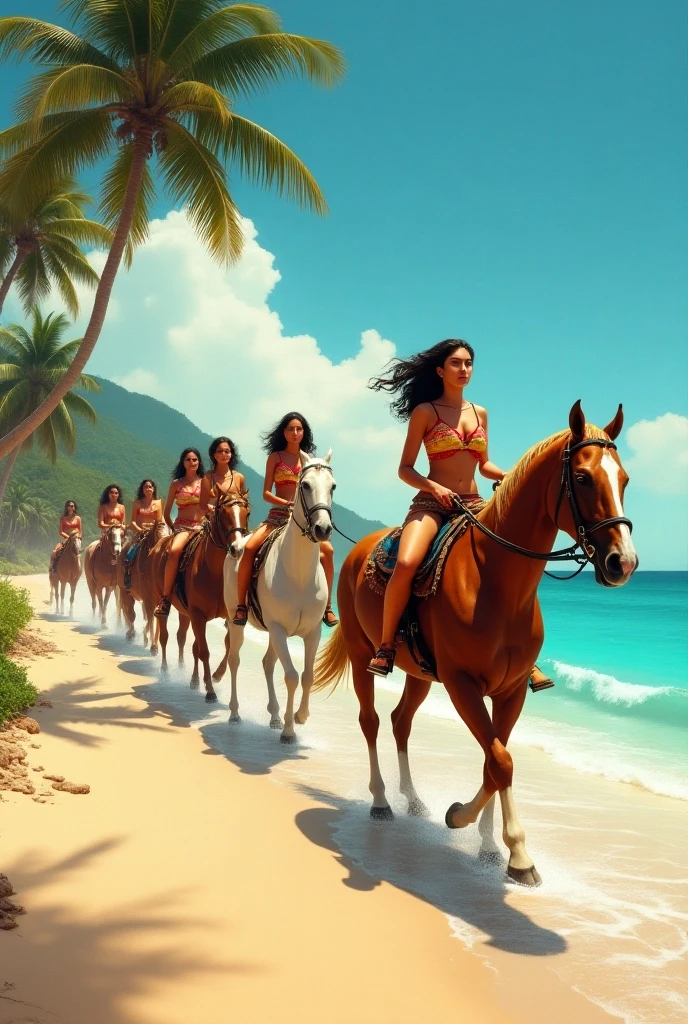 3 friends riding horse 2 girl , 1  man ,pictur of back, detailed leaf-like clothing, amazonian style, on a beach, sunset, realistic, rear view photo,