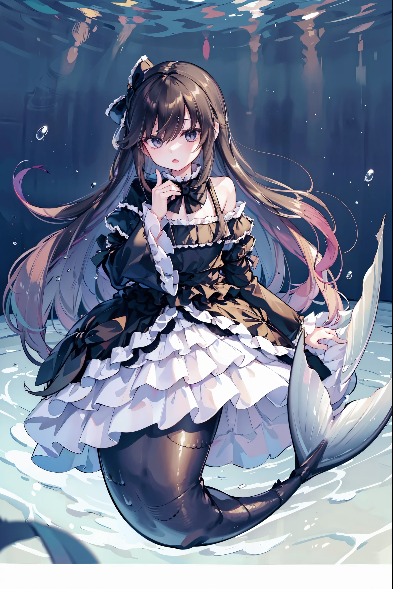 (masterpiece,  is the best quality),(Full fingers),Mermaid,A girl, hair between eyes, Very long hair ,black eyes,Hairpin,Dark hair,Wide sleeves, black dress, blue bow ,Ruffle dress,  ruffle sleeve , alone,黑色的Mermaid尾巴,Full body photo,(Underwater:1.2),Sitting on the rock,Open your mouth