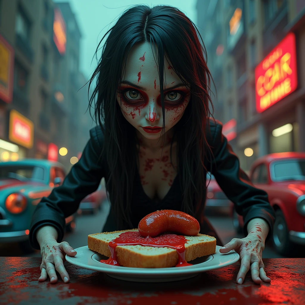 Several decapitated heads of beautiful women in on a table, in a public market, full of blood, blood flowing, ((eyes closed)), bleeding, photorealistic, 4K, Nikon, horror, public market, beautiful asian face