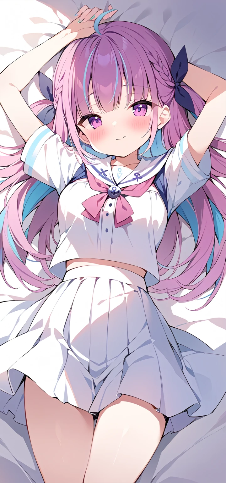 ultra-detailed,sailor suit, lying_on_back_on_the_bed, open_arms_for_viewer, blush, shyness, masterpiece,beautiful_hair, masterpiece, best quality, high resolution,（Minato Aqua \(Holo live\), 1girl,solo, cute, blush, :⁠1.5）,1_beautiful_girl,cute_face,perfect_quality,perfect_anatomy,masterpiece,おさげ