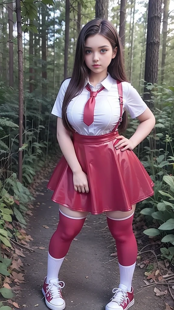 Cute young beautiful curvy schoolgirl ,  beautiful  teen face, red leather skater pinafore dress ,  transparent white blouse, short sleeves, red silk tie , brunette long hair,  beautiful eyes. stockings,  Sneakers,  schoolgirl - standing in the woods ,   photorealistic , sad face, skater pinafore, skater dress, full size figure