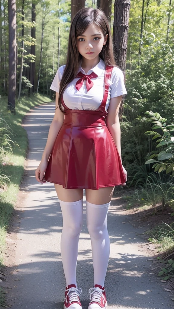 Cute young beautiful curvy schoolgirl ,  beautiful  teen face, red leather skater pinafore dress ,  transparent white blouse, short sleeves, red silk tie , brunette long hair,  beautiful eyes. stockings,  Sneakers,  schoolgirl - standing in the woods ,   photorealistic , sad face, skater pinafore, skater dress, full size figure