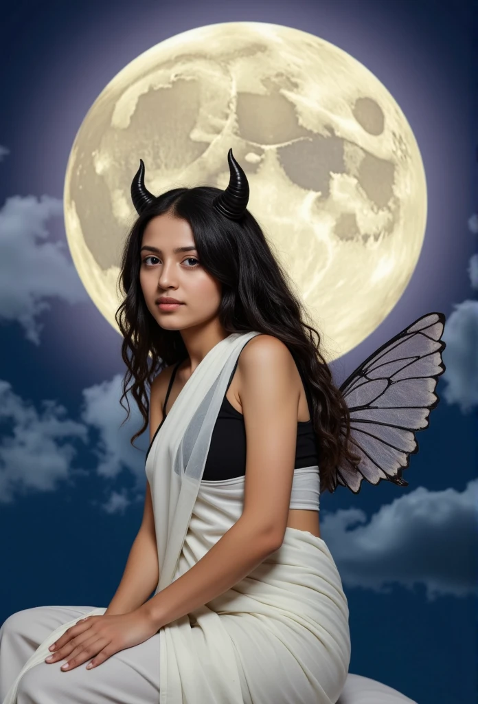 , realistic , succubus, ethereal beauty, perched on a cloud, (fantasy illustration:1.3), enchanting gaze, black hairs, wearing saree, captivating pose, delicate wings, otherworldly charm, mystical sky, large moon, moonlit night, soft colors, (detailed cloudscape:1.3), (high-resolution:1.2), from below, (r