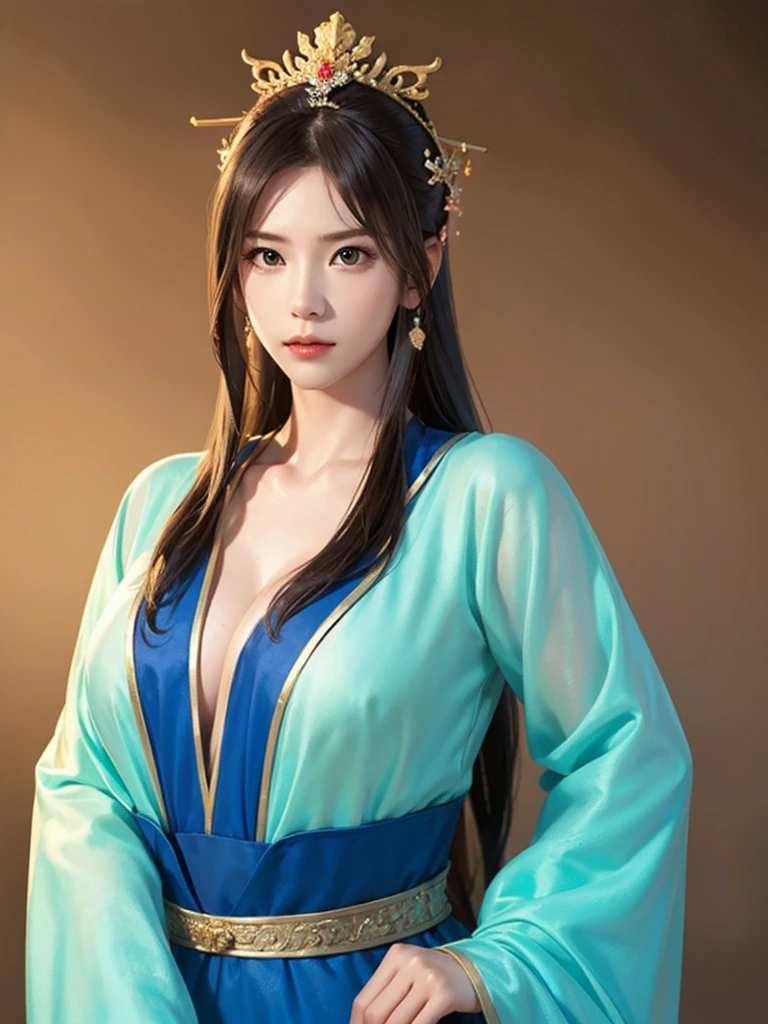 ancient chinese princess ， A girl wearing Hanfu, visual audience，,  beautiful girl 、Delicate body, Exquisite Eyes , Big 、Long hair,、Hair accessories Han Dynasty、Eternal,whole body、Lower Body，Three Kingdoms， (solid color background,,  simple background), Smoky environment, Adds a touch of mystery and drama to the scene. Soft and even lighting, Casts soft shadows, Create an atmosphere of seriousness and focus.