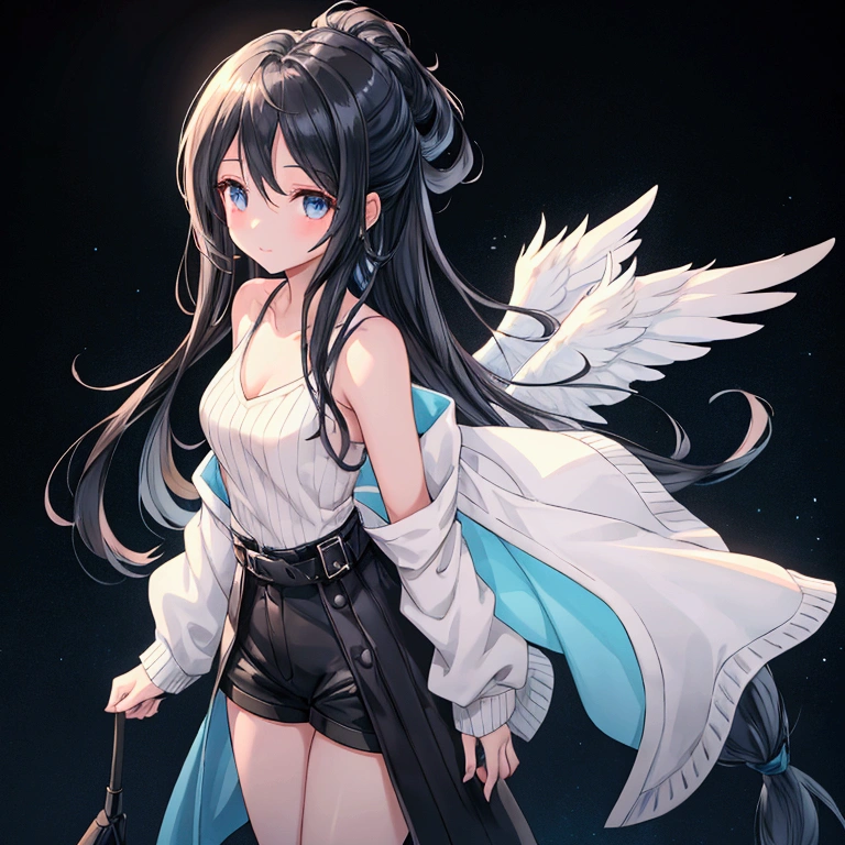 "A slender woman with long, flowing black hair, standing at 160 cm tall, weighing 45 kg, with a petite chest. Her eyes are a soft, pale blue, giving her a mysterious aura. She is wearing an iconic outfit inspired by Rinoa Heartilly from Final Fantasy VIII, which includes a long, sleeveless blue duster cardigan with a ribbed knit texture, flowing behind her. The cardigan features white wings printed on the back. Underneath, she wears a simple white tank top, paired with black, form-fitting shorts and mid-calf black boots. Her arms are adorned with matching blue arm warmers extending from her wrists to her elbows. The scene captures her entire full body standing in a bright, open grassland, with wind gently blowing, causing the grass and her outfit to flutter softly under a clear sky. The image is rendered in ultra-high quality, capturing every fine detail with stunning clarity."