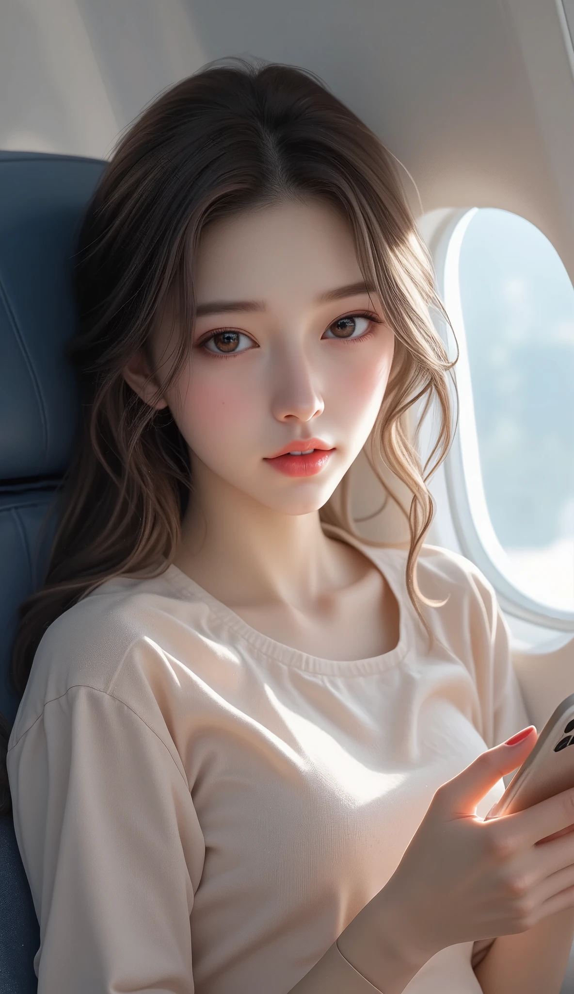 Calaf girl sitting on an airplane and looking at her phone,   beautiful Korean woman  ,   Gorgeous Young Korean Women  , Beautiful young Korean woman,  Korean Girls, Cute Korean Actresses, 19-year-old girl, Beautiful Chinese Model, She is about  , Luan Jia is beautiful!, Round face,  long haired korean girl , Ulzzang