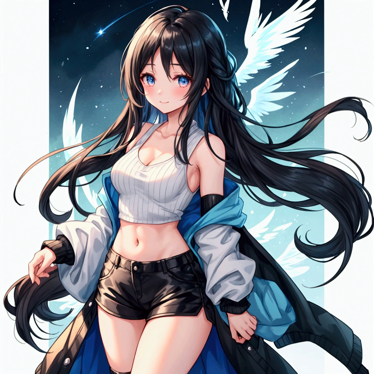 "A slender woman with long, flowing black hair, standing at 160 cm tall, weighing 45 kg, with a petite chest. Her eyes are a soft, pale blue, giving her a mysterious aura. She is wearing an iconic outfit inspired by Rinoa Heartilly from Final Fantasy VIII, which includes a long, sleeveless blue duster cardigan with a ribbed knit texture, flowing behind her. The cardigan features white wings printed on the back. Underneath, she wears a simple white tank top, paired with black, form-fitting shorts and mid-calf black boots. Her arms are adorned with matching blue arm warmers extending from her wrists to her elbows. The scene captures her entire full body standing in a bright, open grassland, with wind gently blowing, causing the grass and her outfit to flutter softly under a clear sky. The image is rendered in ultra-high quality, capturing every fine detail with stunning clarity."