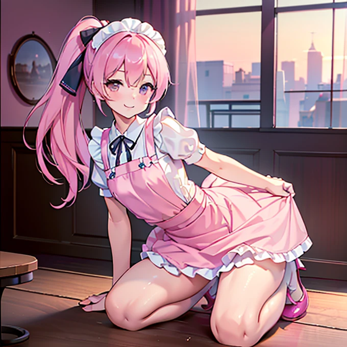 ( to emphasize the muscles), Fisheye Lens, Beautiful 2, Curvy,  flat chest, Small breasts， underbust, ( Kneeling on a Round Table ), ( on the table :1.5), ( and spread your legs), ( Cups Between Her Legs :1.3), (  Classic Puffy Short Sleeve Ruffle Blouse ), (Pink Mini Skirt), (Pink Maid Apron ), (button-down shirt), ( Neck Ribbon Button Gap )+ Thighs, High heels, ( viewers:1.5), (Embarrassing:1.3), (smile), (vapor:1.3), ( Girl Shivering at Sexual Climax :1.3), mid-length hair,  Pink Hair,   High Ponytail, Wavy Hair,   Glowing Skin , (Coffee Shop), window, morning, (crowd:1.3), (masterpiece, Best Quality,  High Resolution :1.3),  Perfect Anatomy