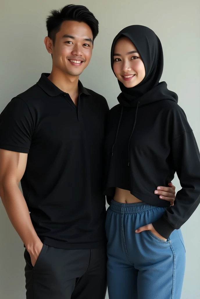 photorealism:1.2), Indonesian man ,thin and (short) short ,haircut (short slicked back) ,memakai sweater putih dan gray jeans casual shoes ,with an Indonesian woman next to him, wearing a gray hijab with a white sweater,gray jeans ,casual shoes ,the woman is wearing sunglasses ,background silver
