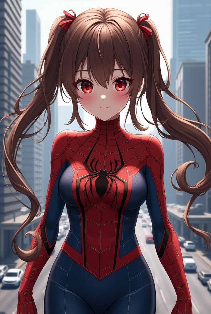 A beautiful girl in a detailed spider-themed superhero costume, with long brown hair in twin tails, striking red eyes, standing in front of a city skyline with tall buildings, roads, and vehicles, surrounded by a complex spider web pattern, (best quality, 8k, masterpiece, official art, splash art, extremely detailed, intricate details, sharp focus, 1 girl, long hair, twin tails, red eyes, brown hair, spider suit, spider web, cityscape, skyscrapers, buildings, roads, cars, street)