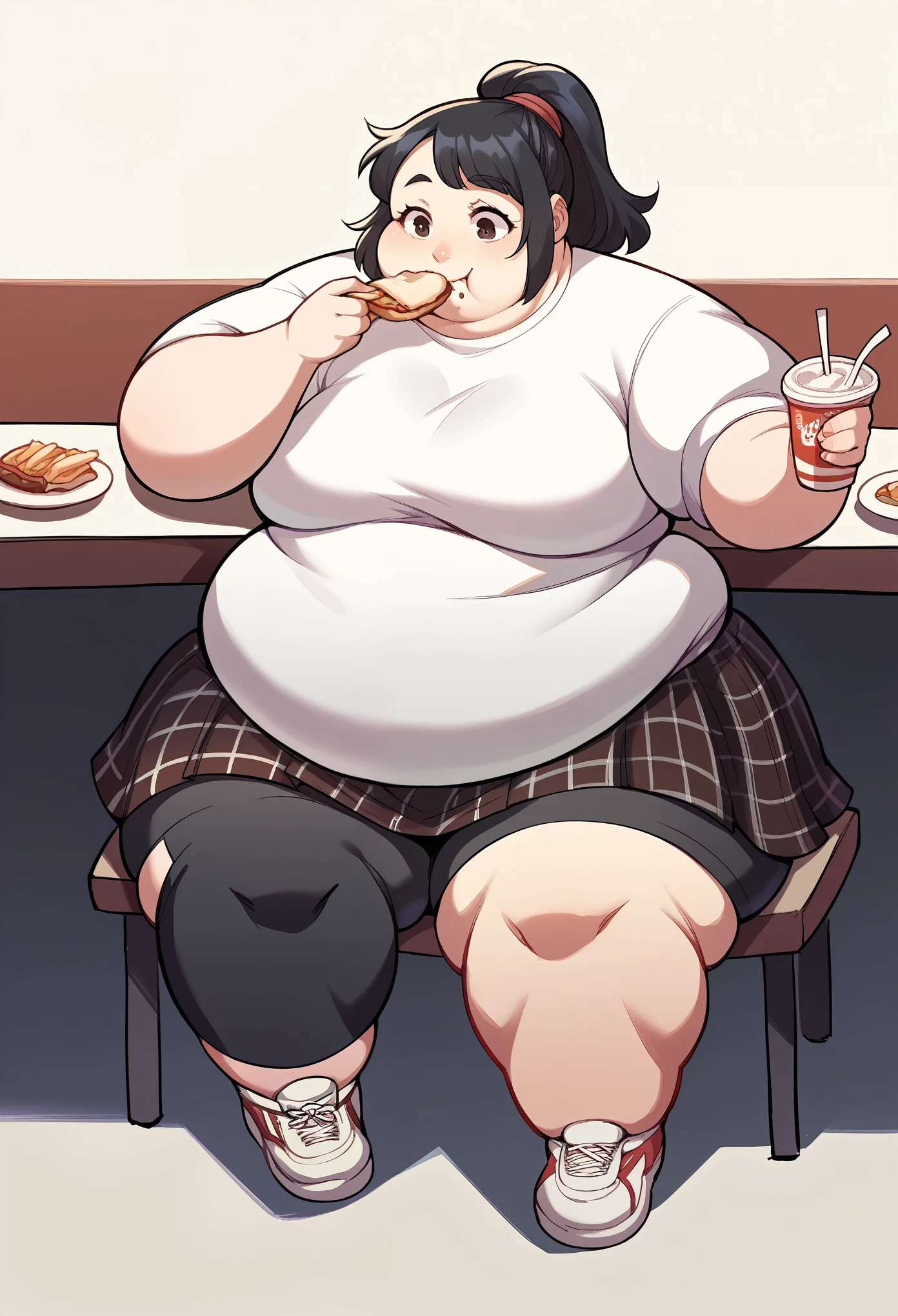 score_9, score_8_up, score_7_up, source_anime BREAK 1girl, solo, shihop5, black hair, ponytail, shirt, plaid skirt, bike shorts, asymmetrical legwear, cafeteria, sitting, eating, smile, mouth with food, fat, chubby, obese, full body shot 