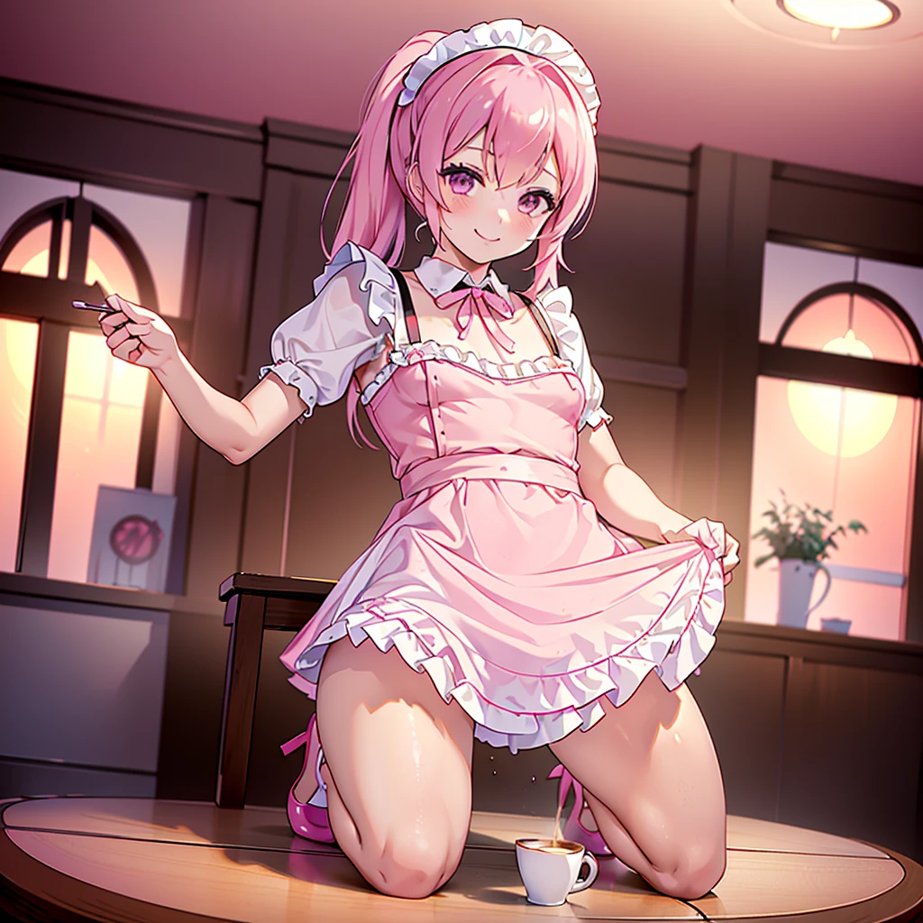 ( to emphasize the muscles), Fisheye Lens, Beautiful 2, Curvy,  flat chest, Small breasts， underbust, ( Kneeling on a Round Table ), ( on the table :1.5), ( and spread your legs), ( Cups Between Her Legs :1.3), (  Classic Puffy Short Sleeve Ruffle Blouse ), (Pink Mini Skirt), (Pink Maid Apron ), (button-down shirt), ( Neck Ribbon Button Gap )+ Thighs, High heels, ( viewers:1.5), (Embarrassing:1.3), (smile), (vapor:1.3), ( Girl Shivering at Sexual Climax :1.3), mid-length hair,  Pink Hair,   High Ponytail, Wavy Hair,   Glowing Skin , (Coffee Shop), window, morning, (crowd:1.3), (masterpiece, Best Quality,  High Resolution :1.3),  Perfect Anatomy